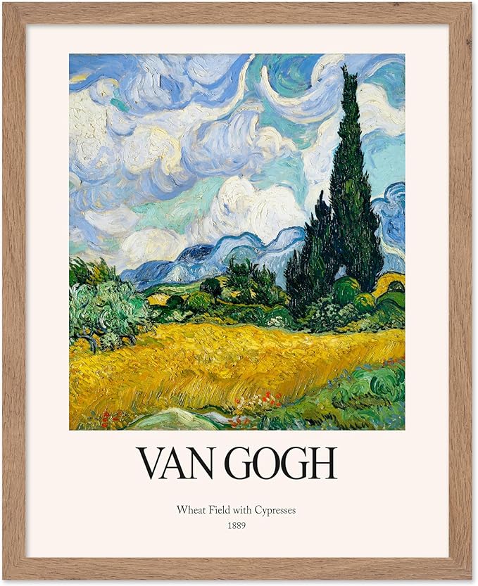 Monem Art Vintage Van Gogh Poster - Retro Impressionist Print - Wheat Field With Cypresses, Trees, Sky, Landscape - Gift for Artist, Friend - Wall Decor for Home, Office, 8x10 Beige Framed