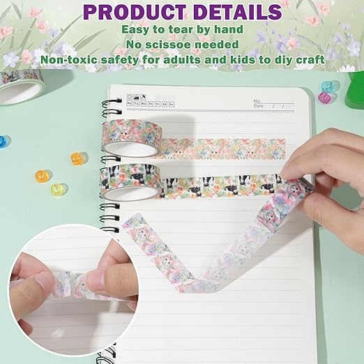 Spring Flower Washi Tape - 12 Rolls Vibrant Cat & Flower Designs, Acid-Free Paper with Residue Free Adhesive for Scrapbooking, Journal Decor, Gift Wrapping, Office Supplies & DIY Crafts