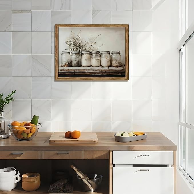 Framed Vintage Kitchen Canvas Wall Art, Rustic Farmhouse Mason Jar Pictures Wall Decor, Country Spice Still Life Paintings Prints Home Decor Artwork for Dining Room 16x24 inch