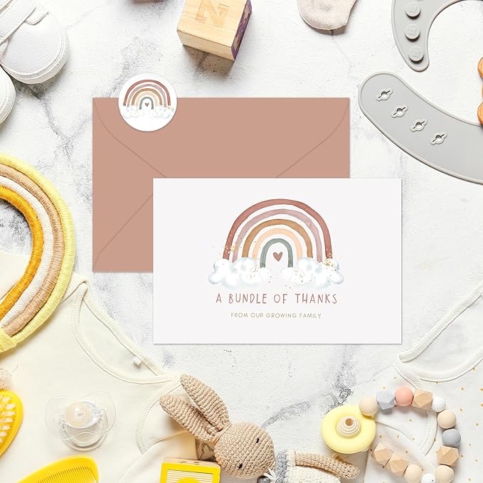 Whaline 50 Pack Baby Shower Thank You Cards Bulk Boho Rainbow Thank You Note Cards with Envelopes Stickers Blank Card for Baby Shower Fall