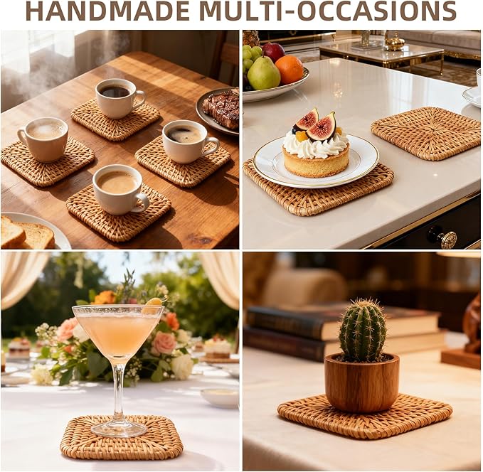 Handmade Rattan Coasters Set of 6 with Holder - Woven Aesthetic Drink Coasters for Table & Desk, Natural Boho Farmhouse Rustic Coffee Cup Pads, Home Bar Patio Table Outdoor Decor (Square)
