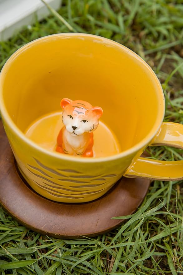 DIHOclub Tiger Cup Ceramic 3D Wild Animal Inside Mug,Cute Cartoon Handmade Figurine Mugs,Holiday and Birthday Gift for Coffee Milk Tea Lovers,12 OZ(Brown Tiger)