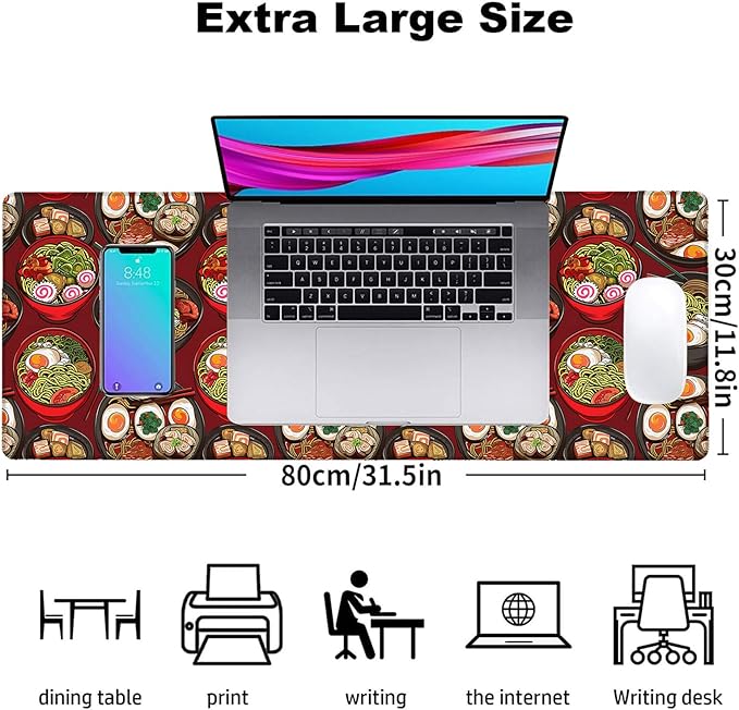 Ramen Gaming Mouse Pad, Office Desk Mat, Anti-Slip Rubber Base Cool Aesthetic Mouse Pads for Computer Laptop Keyboard School Home Desktop Gamer Home Accessories Decor 31.5" x 11.8"