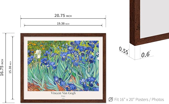 Monem Art Vintage Van Gogh Poster - Retro Irises Print - Impressionism Art - Floral Art - Fine Art - Flower Art - Classic Painting Art - Aesthetic Living Room Wall Decor - 16x20 Brown Framed