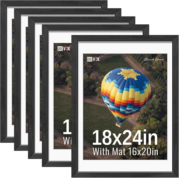 VCK 18x24 Frames Black Set of 5, Wide Border Wood, Display 16x20 Picture Photo with Mat or 18 x 24 without, for Home, Office, Gallery, Woodgrain Series, Wall Hanging