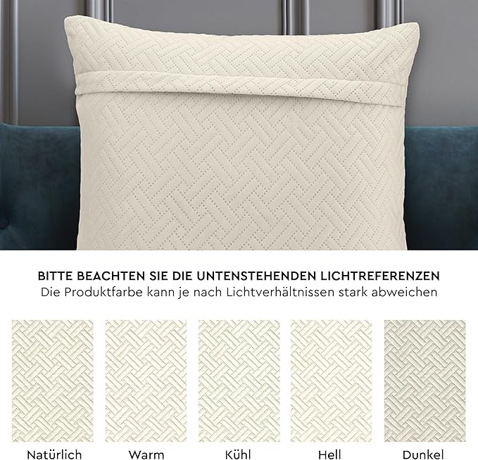 Encasa XO Throw Pillow Covers 18"x18" (Set of 2) | Solid Color Quilted Velvet Sofa Cushion Covers | No Insert | Both Side Quilted Fabric | Cream | Decorative Pillow Covers for Home