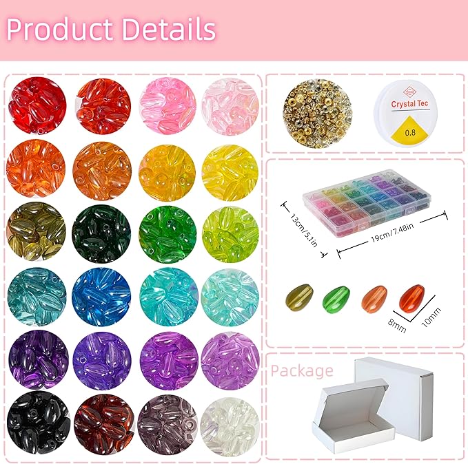 REVKI 8 * 10mm Glass Beads Bracelet Making Kit,500pcs 24 Colors Rice Shaped Natural Bamboo Crystal Beads for Jewelry Making,Teardrop Glass Beads for DIY Necklace Crafts