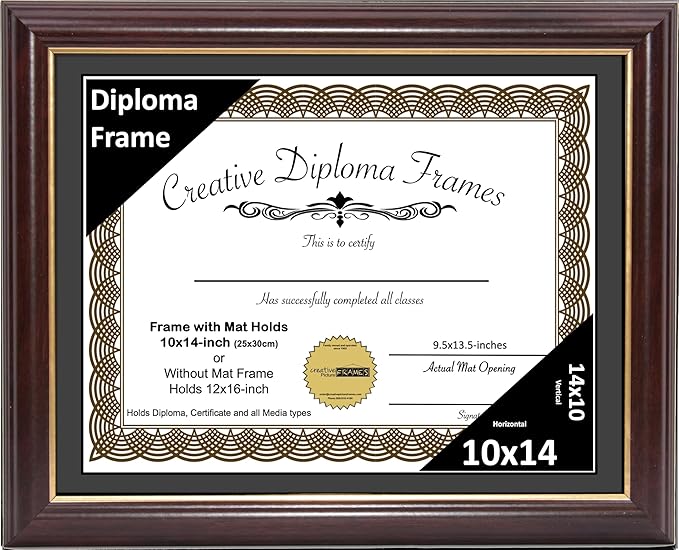 Creative Picture Frames 10x14 Mahogany Gold Rim Diploma Frame with Black Mat Glass Easel and Installed Wall Hangers | Frame Holds 12x16 Media without Mat