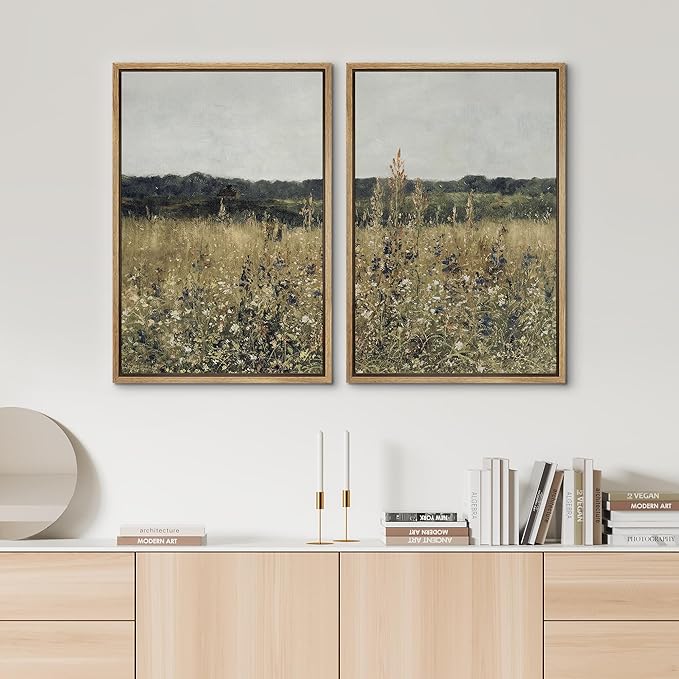 SIGNWIN Framed Canvas Print Wall Art Set Wildflower Meadow Under a Gentle Overcast Sky Illustration Modern Art Minimalism Decorative Nordic for Living Room, Bedroom, Office - 24"x36"x2 Natural
