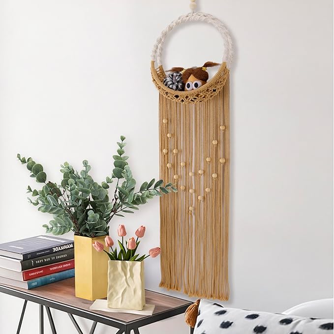 LB Brown Macrame Wall Hanging Holder, Bohemian Macrame Wall Art for Bedroom,Boho Handmade Woven Hanging Plant Shelf Toy Displays Organizer for Living Room Nursery Office 9.84" W x 35.43" L