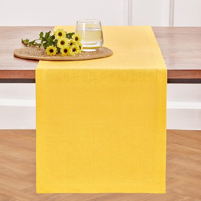 Solino Home Linen Table Runner 120 Inches Long - 100% Pure Linen Marigold Yellow Table Runner 14 x 120 Inch for Spring, Easter - Diana Medium Weight