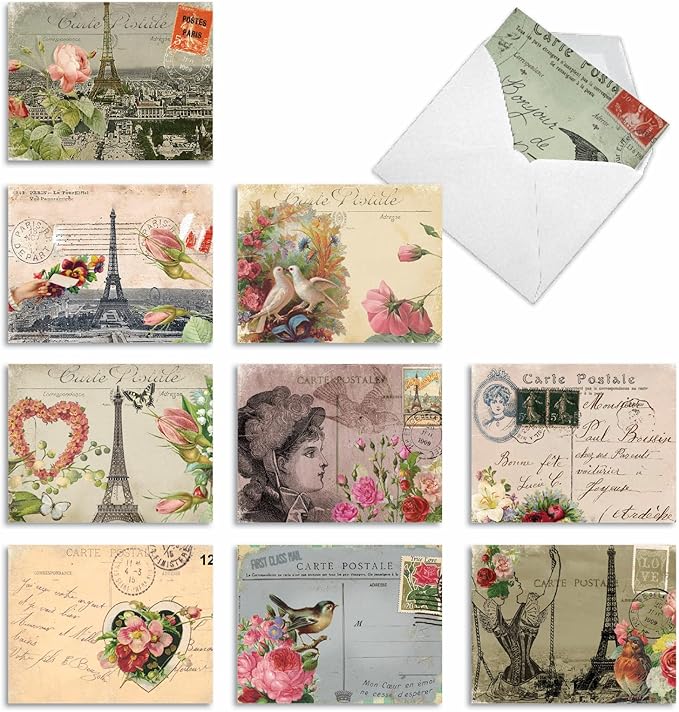 The Best Card Company - 10 Retro Blank Cards with Envelopes (4 x 5.12 Inch) - Artistic Boxed Assortment, Vintage Note Cards - Parisian Postcards M2355OCB