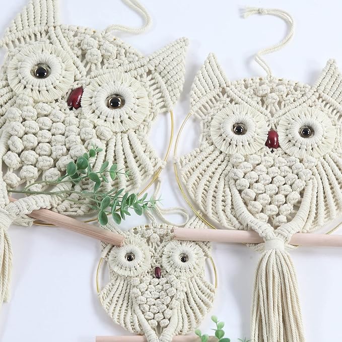 MVSUTA Owl Ivory Cotton Handmade Macrame Wall Hanging Tapestry Home Decor Art Cream Craft Wonderful Decoration Woven Beige Boho Ornament for Office Bedroom Apartment Living Nursery Gallery,3pcs