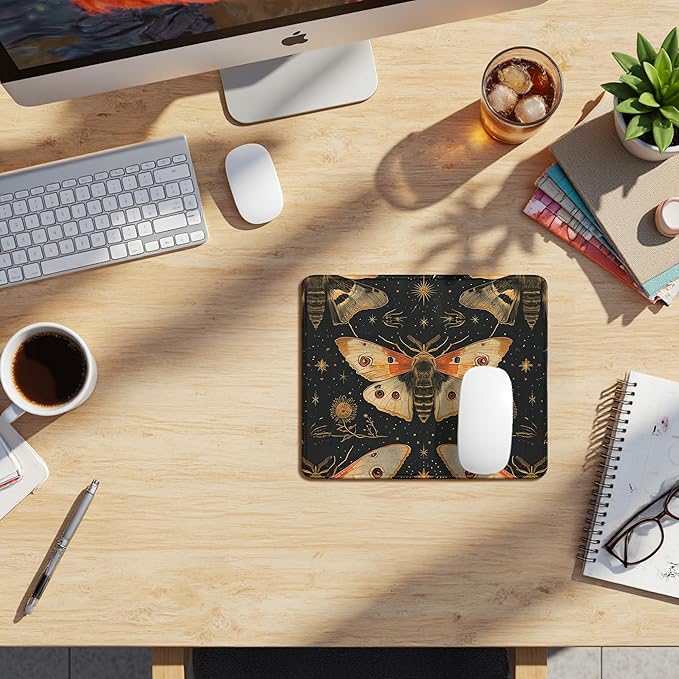 Vintage Moody Moth Pattern Mouse Pad, Dark Contemporary Botanical Symmetrical Moth Mousepad for Desk Home Office Dorm Computers Laptop, Gothic Aesthetic Desk Accessories, 9.5x7.9 Inch