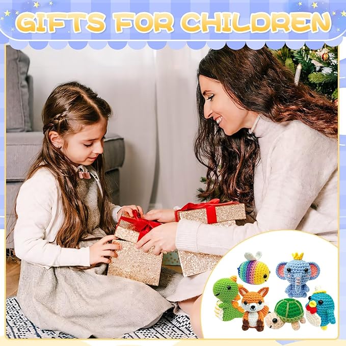 OLHKYN 6Pcs Crochet Kit for Beginners, 2025 DIY Craft for Adults and Kids, Great Gift for Crochet Lovers, Crocheting Animal Kits with Step by Step Videos,Yarn,Crochet Hook,Birthday Holiday Gift