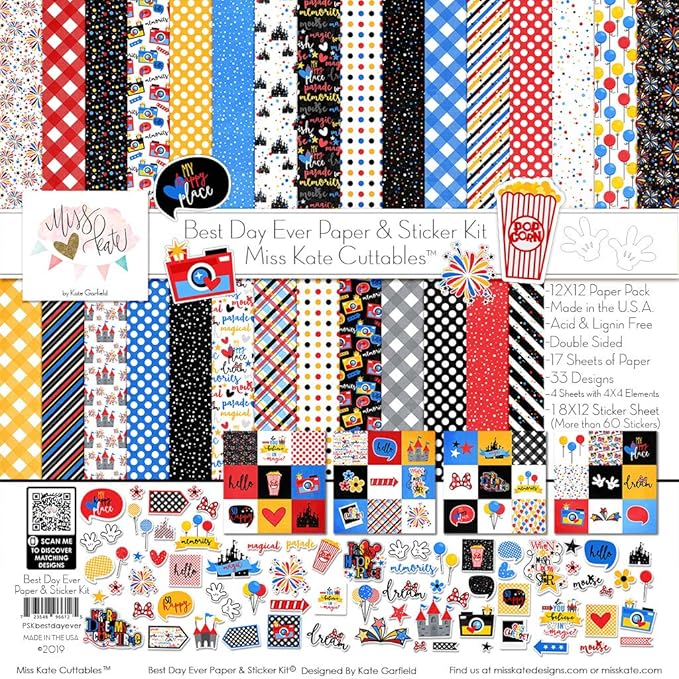 Miss Kate Cuttables Paper & Sticker Kit - Best Day Ever for Disney - 17 Double-Sided 12x12 Papers with 33 Designs & 1 8X12 Sticker Sheet - Scrapbooking Card Making Crafting