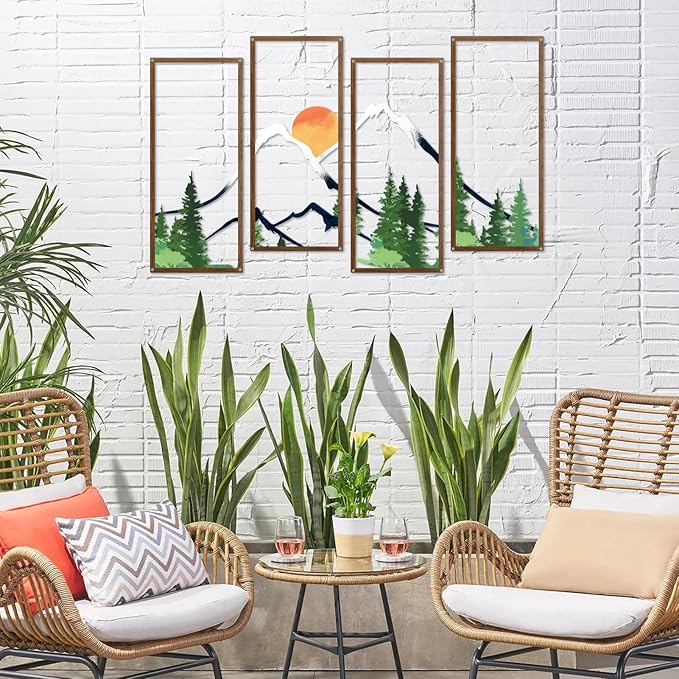 ruelen 4 Pcs Metal Sunset Mountain Forest Wall Art Mountain Line Decor Abstract Minimalist Wall Sculpture Rustic Nature Wall Decor for Home Office Bathroom Bedroom Living Room (Green)