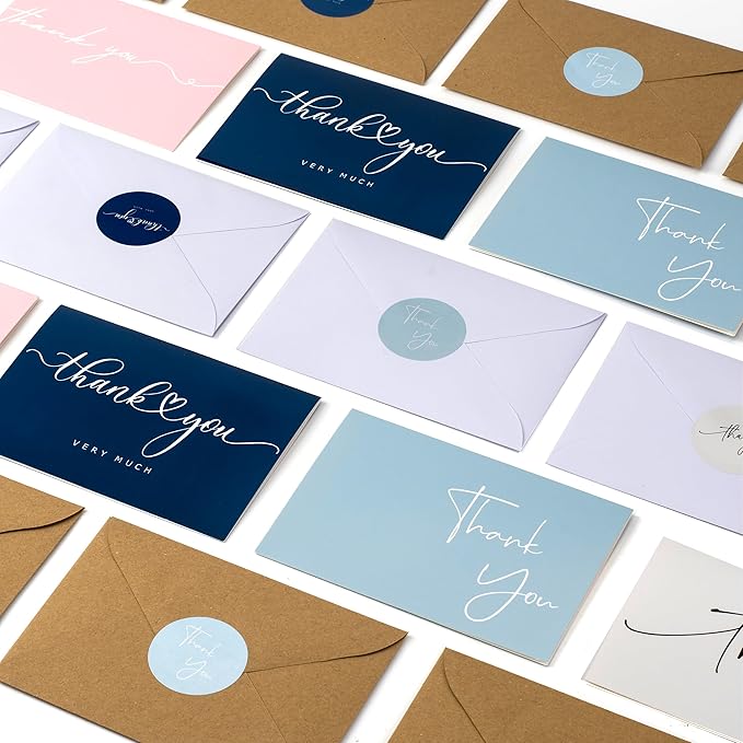 100 Multicolored Thank You Cards with Kraft Envelopes and Stickers - 4 Modern Designs for Wedding, Graduation, Business, Baby Shower
