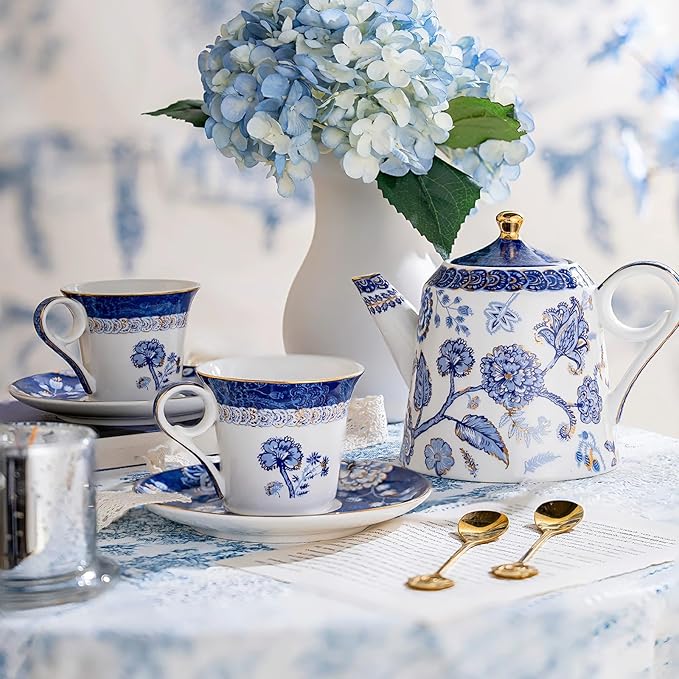 Tea Set for Adults Ceramic Tea Pots and Tea Cup Set, Royal Blue Tea Cups and Saucers Set for Afternoon Tea, Party, Home, Office, Porcelain Chinese Gong Fu Tea Set with Gold Rim (Navy Gold Seal)