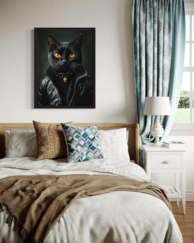 Cool Cat Art Poster Print, Cat Kitten Painting Humor Portrait Pet Artwork Decor Gallery A8 (Cool Cat, 8 x 10 inches, Black Frame)