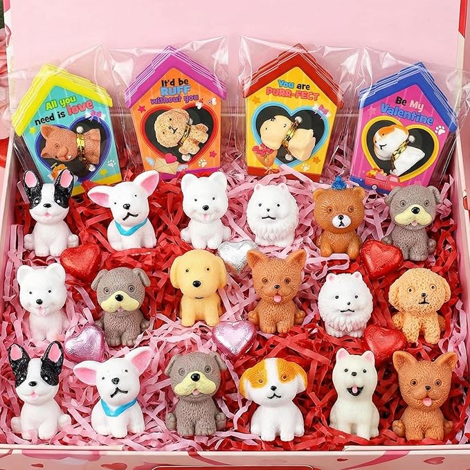 Zhanmai 72 Pcs Dog Valentine's Day Gifts Card and Dog Resin Figurines Miniature Puppy Heart Greeting Card for Valentine Party Favors Exchange Prizes Gifts (Cute)