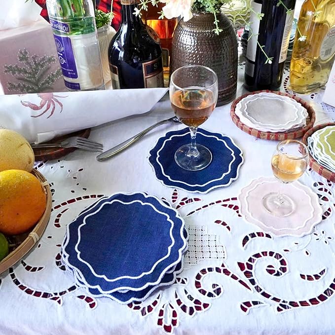 Drink Coasters Set of 6, 6x6 inch, Absorbent Linen Drink Mats with Scalloped Edge, Reusable Handmade Coffee Coasters for Home Decor & Tabletop Protection & Gift Giving (Navy)