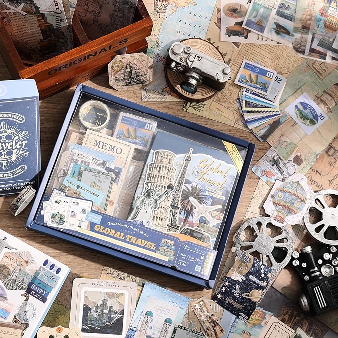 emmoolife Scrapbooking Supplies Kit, Daily Life World Travel Scrapbook Kit for Bullet Junk Journal, Stationery, A6 Grid Notebook, DIY Journaling Supplies, Birthday Craft Gift Teen Girl Kid Women