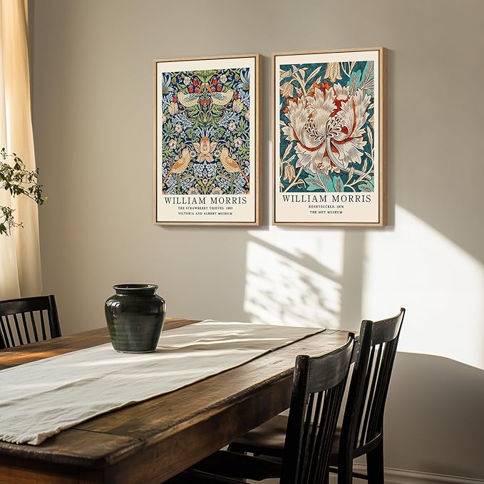 Framed William Morris Canvas Wall Art, Large 2 Pieces Vintage Strawberry Thief Artwork for Walls, Botanical Floral Art Prints for Bedroom, Living Room, Dining Room, Bathroom, Office Wall Decor, 16x24