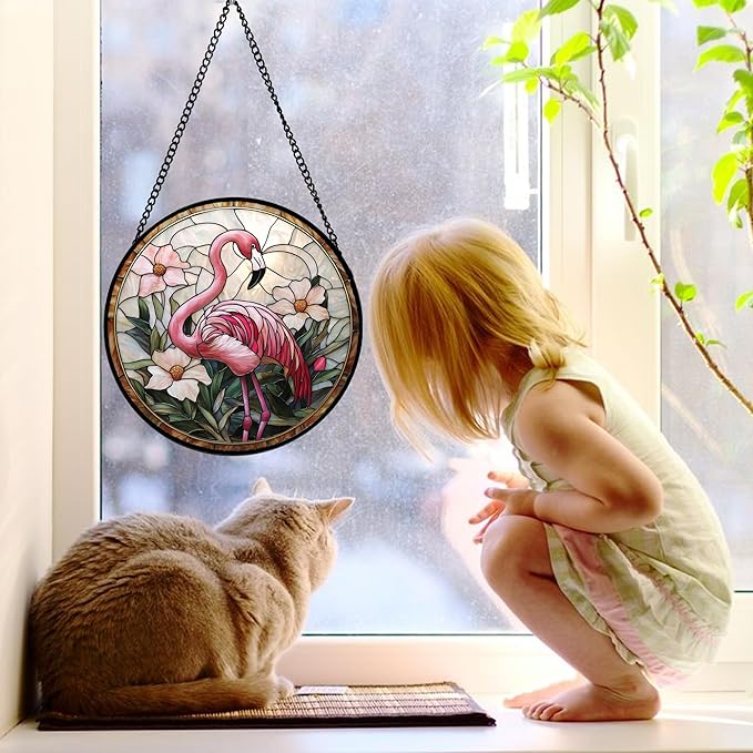Stained Glass Window Hanging, Flamingo Flower Sun Catchers Diamond Glass Panel Hangings Pink Suncatcher Decor for Birthday for Women, Men, Wife, Aunt, and Mom 15x15 in
