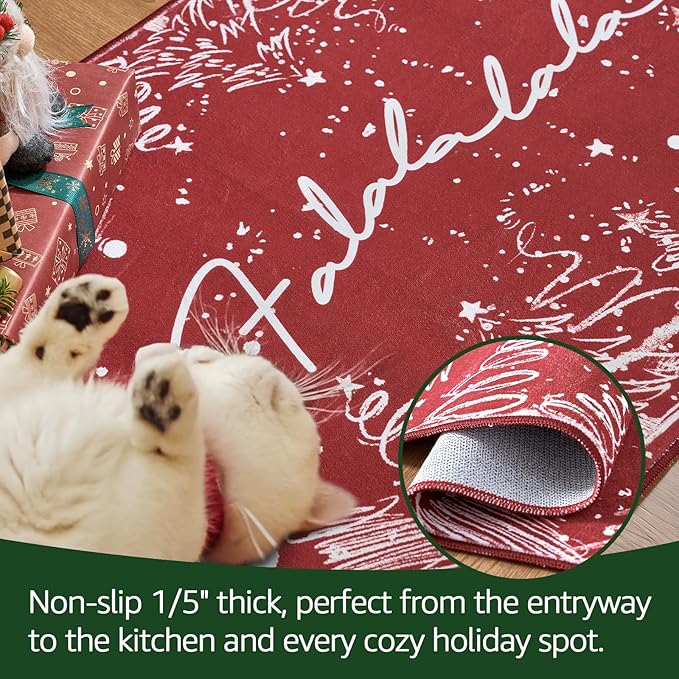 jinchan Deck The Halls Christmas Runner Rug 2x5 for Entryway Washable Christmas Tree Kitchen Rug Red Xmas Mat for Hallway Non-Slip Soft Carpet Winter Festive Holiday Decor for Bathroom Porch Bedside