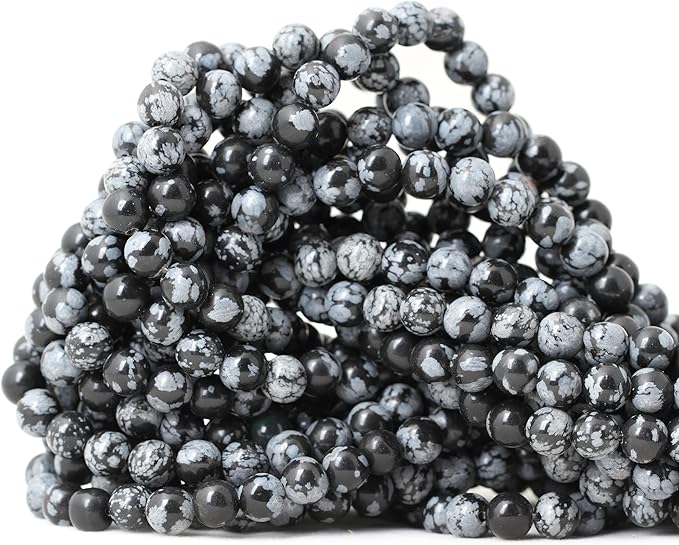 60PCS 6mm Natural Black Snowflake Obsidian Gemstone Round Loose Beads Stone Beads for Jewelry Making DIY Findings 1 Strand 15"