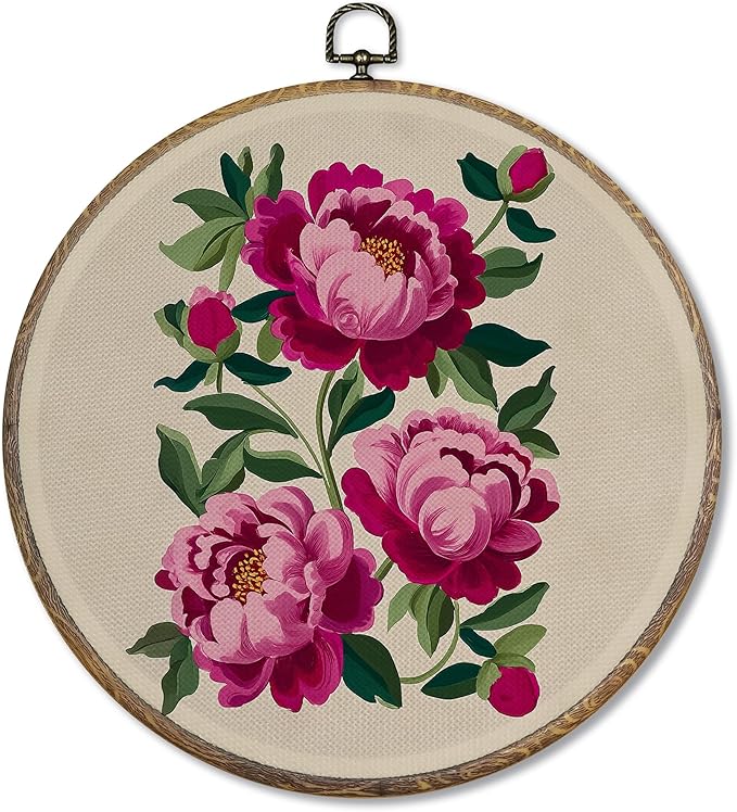 FUGWN Vintage Pink Peony Round Wall Art Decor Framed, Cottagecore Floral Canvas Artwork Prints, Retro Abstract Flower Botanical Wall Hanging Decorations for Home Bedroom Living Room, 10x10 Inch