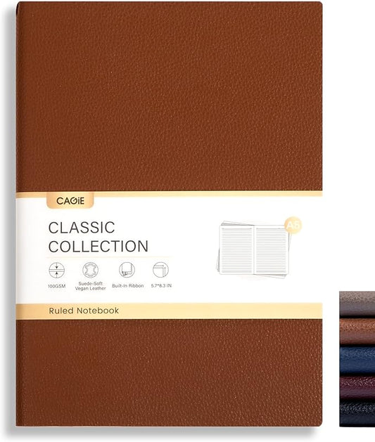 CAGIE Lined Journal Notebook for Men & Women,176 Pages A5 Medium Size Softcover Leather Journals for Writing,Travel,Business,Work & School, 100 GSM Thick Paper (5.7'' x 8.3'') (Brown)
