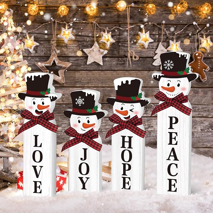Christmas Snowman Decorations, Wooden Snowman Joy Table Centerpiece Sign, Winter Tiered Tray Decor for Xmas Holiday Home Decor (Snowman)