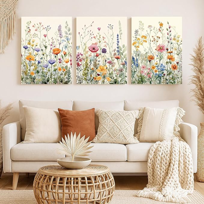 LLEEMPI Framed Watercolor Floral Wall Art Set of 3, Colorful Wildflower Wall Decor, Modern Abstract Botanical Canvas Painting, Rustic Farmhouse Poster Print for Bedroom Bathroom Office 12x16 Inch