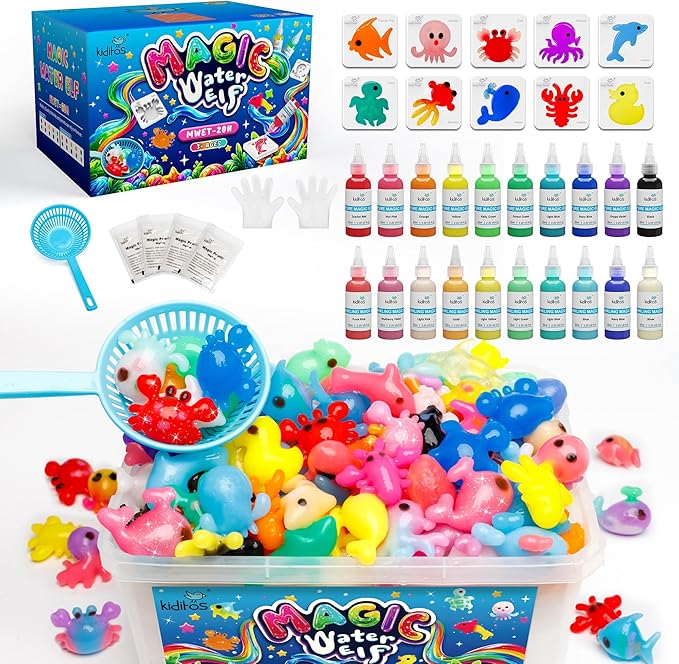 Kiditos Magic Water Elf Toy Kit–Squishies for Kids, 20 Gels & 10 Molds, Magic Gel Water Pets Sensory Toy, Fun DIY Craft Kit, Party Favors, Birthday & Christmas Gifts for Kids Ages 3+