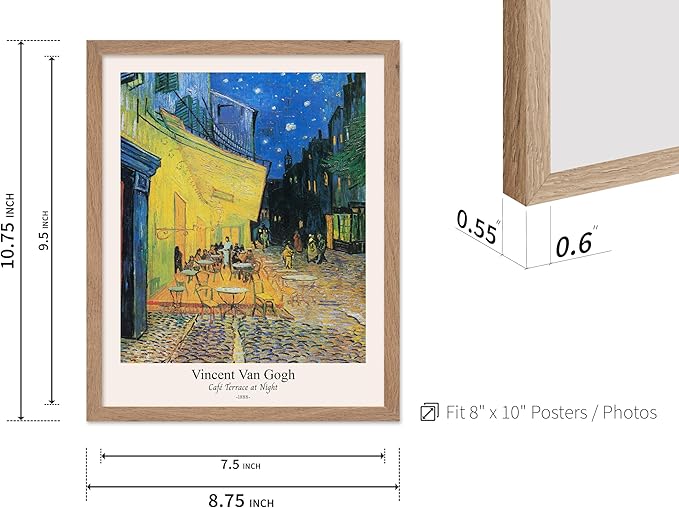 Monem Art Vintage Van Gogh Poster - Retro Cafe Terrace at Night Print - Impressionism Art - Fine Art - Classic Painting Art - Aesthetic Living Room or Bedroom Wall Decor - 8x10 Beige Framed