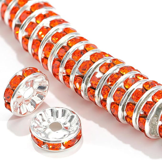 100Pcs Rondelle Spacer Beads Round Crystal Charms Czech Rhinestone Silver Plated Spacer Loose Beads for DIY Bracelet Necklace Jewelry Making Supplies (6MM, Orange)