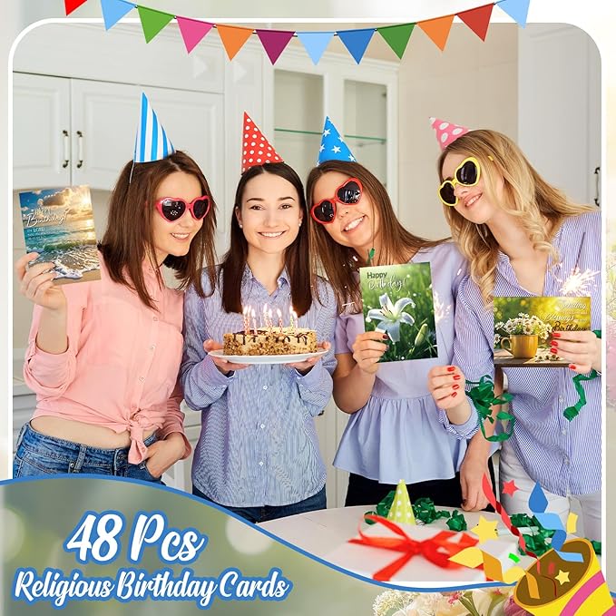 48 Pack Religious Christian Birthday Cards Bulk with Scripture Assorted Bible Verse 4.5 x 6.2 Inch Christian Blessings Birthday Greeting Cards with Envelopes and Stickers (Landscape Style)