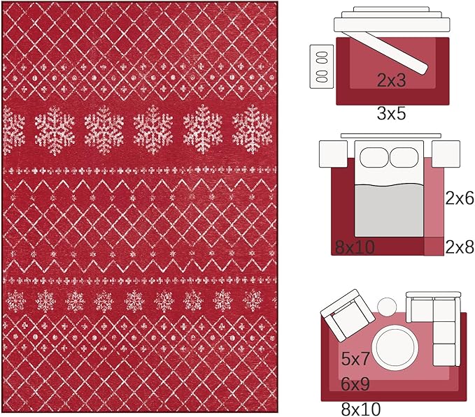 jinchan 8x10 Red Snowflake Christmas Rug Washable Large Area Rug for Living Room Bedroom Non-Slip Soft Carpet Xmas Geometric Floor Mat Winter Lattice Holiday Decor for Dining Room Porch