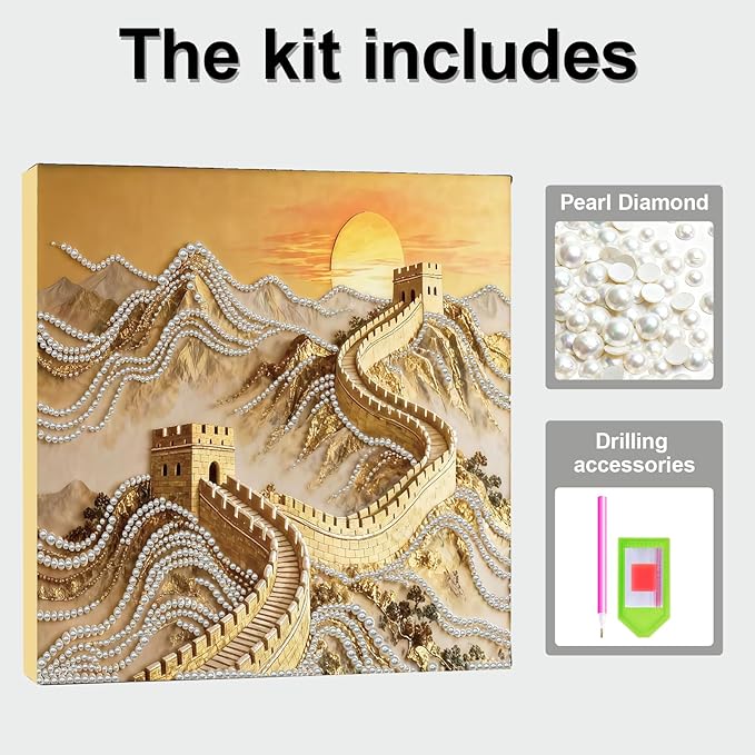 DIY Pearl Painting Kit with Wooden Frame, 3D Plastic Pearl Gemstone Ocean Art Craft for Adults Beginners, Diamond Art Kits for Adults, Home Wall Decor Ready Gift for Women(Great Wall)(30 * 30cm)