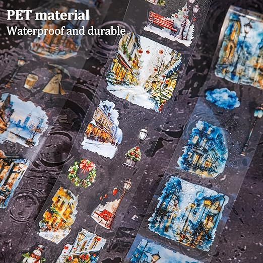 Night Scene PET Tape Set – 6 Rolls of Pre-Cut Landscape Stickers with Clip, Waterproof Scrapbook Kit for Journaling, DIY Crafts, and Decorative Embellishment