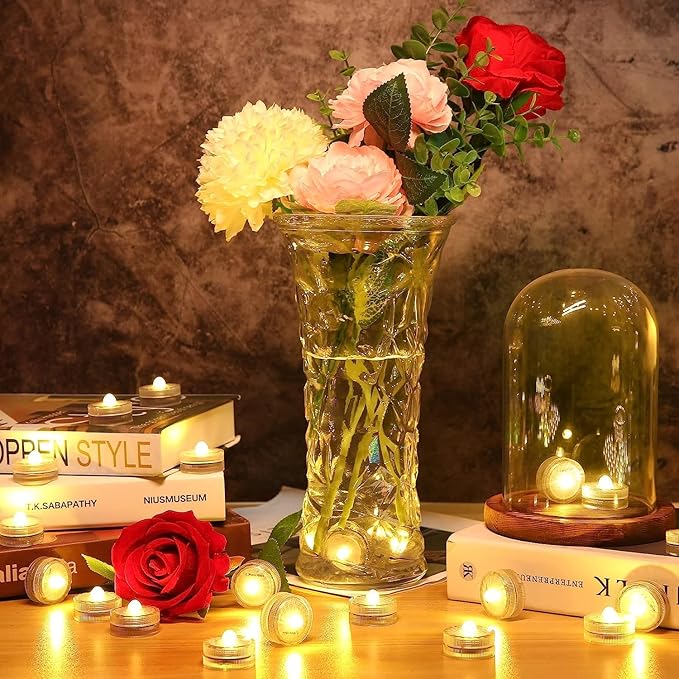 HL Submersible LED Light,Warm White Small LED Light,100 Hours Waterproof Flameless Led Lights Battery Powered for Wedding Home Vase Festival Party Decoration 12pcs (Built-in 24 Batteries)
