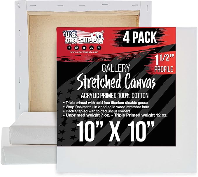 U.S. Art Supply Square Stretched Canvas for Painting 10x10 inch Gallery Depth 1-1/2" Thick, 4-Pack - 12oz Acrylic Gesso Triple Primed, Professional Artist Quality, 100% Cotton - Pouring, Oil Paint