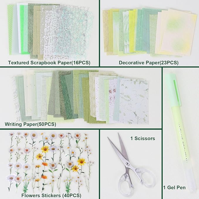 Koqye 131PCS Aesthetic Scrapbook Paper Pack, Junk Journal Supplies Starter Kit with Floral Stickers, Scissors, Quick Dry Glue Pen, Scrapbook Kit for Planner DIY Arts Craft Collage(Botanical Sage)