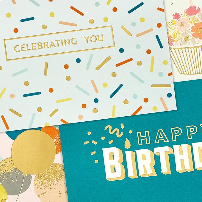 Hallmark Modern Elegance Birthday Note Card Assortment (24 Blank Cards with Envelopes) Teal, Pink, Gold Balloons, Cupcake, Confetti