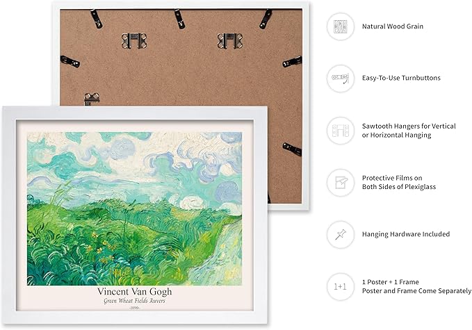 Monem Art Vintage Van Gogh Poster - Retro Green Wheat Fields Auvers Print - Impressionism Art - Fine Art - Landscape Art - Classic Painting Art - Great Living Room Decor - 11x14 White Framed