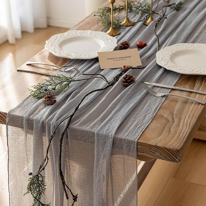 Keketoarrange 6pcs Dusty Blue Gauze Rustic Cheesecloth Table Runner 120 Inch 10 FT for Wedding Baby Shower Bridal Shower Birthday Engagement Garden Outdoor Party Long Sheer Boho Decorations