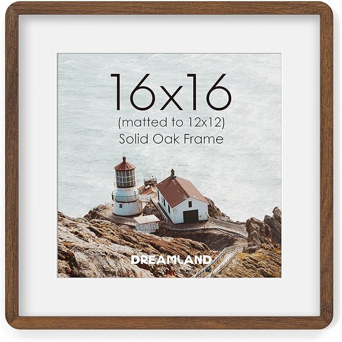 16x16 Picture Frame, Solid Oak Wood Photo Frame with Mat for 12x12, Round Corner 16 x 16 Matted Picture Frames with Resistant Plexiglass for Wall Mounting or Tabletop, Walnut Color, Set of 1