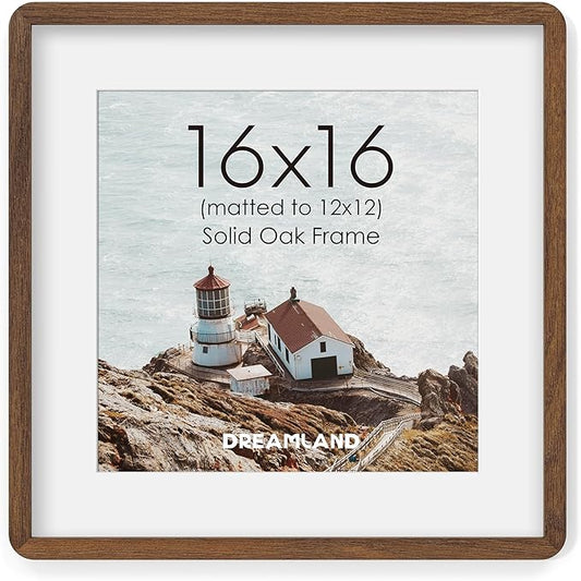 16x16 Picture Frame, Solid Oak Wood Photo Frame with Mat for 12x12, Round Corner 16 x 16 Matted Picture Frames with Resistant Plexiglass for Wall Mounting or Tabletop, Walnut Color, Set of 1